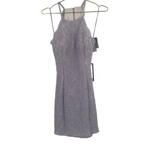 NWT Morgan & Co. Light Purple Shimmery Lace Mini Dress Cut put back size 7